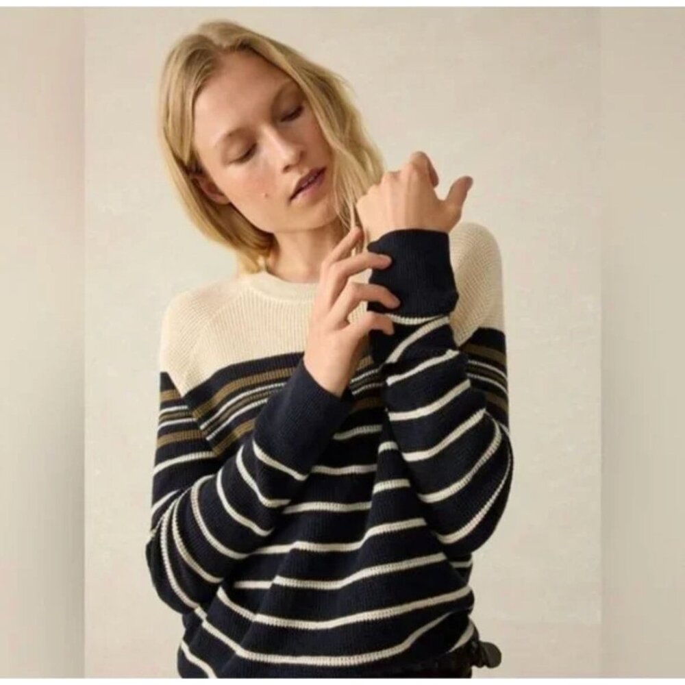 Faherty Throwback Waffle Crew Neck Striped Ivory Navy Sweater S